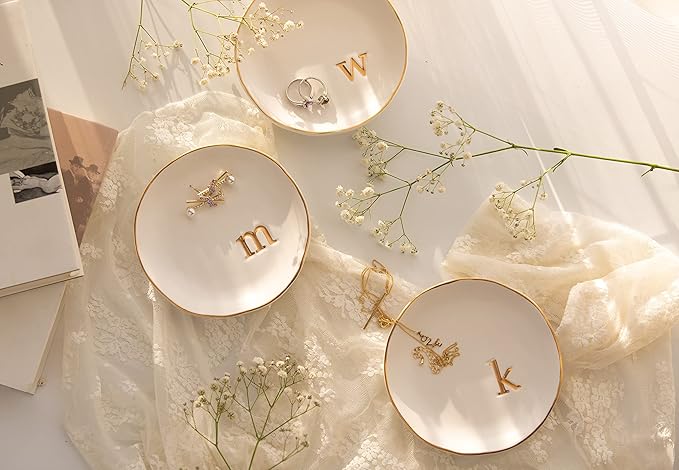 COLLECTIVE HOME - Ceramic Jewelry Tray, Decorative Trinket Dish for Rings Earrings Necklaces Bracelet Watch Keys, Birthday Mother's Day Christmas Gift for Women, 4.75", White Surface (E)