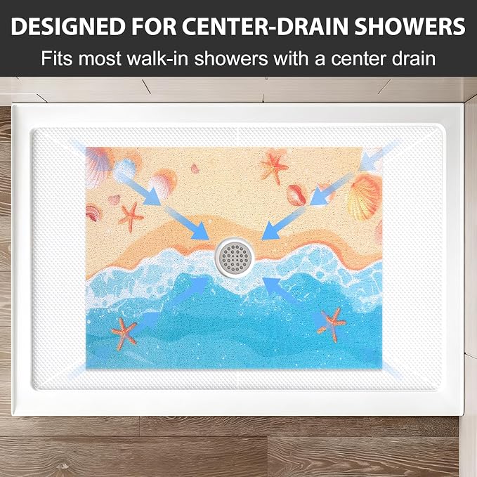 Non Slip Shower Mat: 32x24 Inch Extra Large Shower Mats for Inside Shower with Drain Hole in Middle - Soft PVC Loofah Anti Slip Shower Floor Mat for Standing and Walk-in Shower, Quick Drying