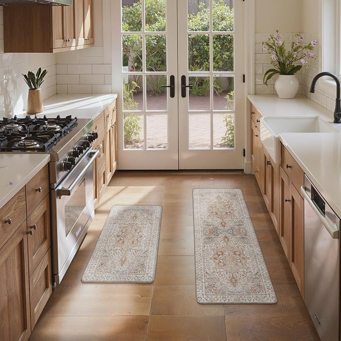 GENIMO Kitchen Mats for Floor, 2PCS Kitchen Rugs Non Slip Washable, Waterproof Anti Fatigue Mat, Comfort Standing Runner Rug for Sink, Office, Laundry, Home, 17.3"x47"+17.3"x30", Orange&Brown