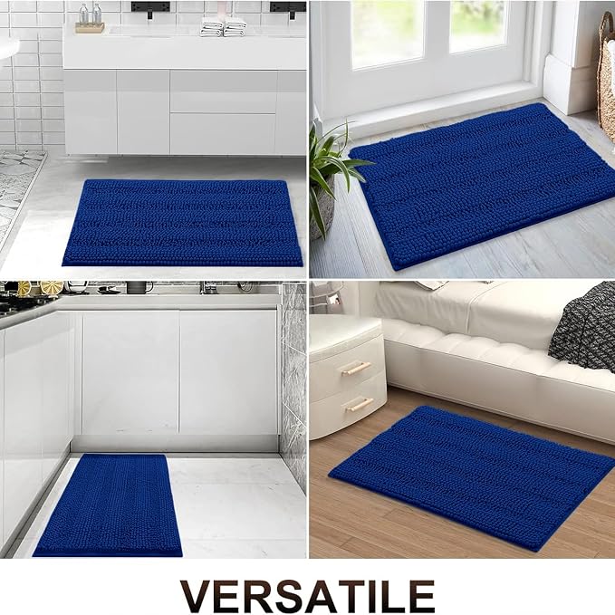 Grandaily Chenille Striped Bathroom Rugs 30x20, Extra Thick and Absorbent Bath Mats, Non-Slip Soft Plush Shaggy Shower Carpet, Machine Wash Dry, Bath Rug for Bathroom, (Medium, Royal Blue)