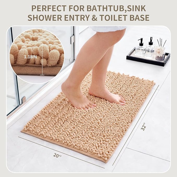Bathroom Rugs Non Slip Washable 32x20, Extra Thick Soft Chenille Absorbent Bath Mat, High Density Barrier Non Slip Backing, Quick Dry Plush Shaggy Floor Carpet for Tub&Shower, Beige