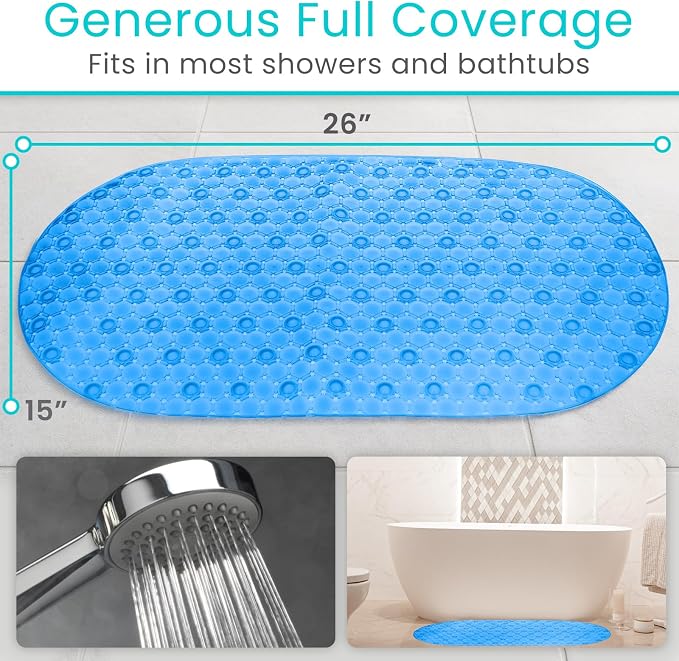 Vive Oval Bathtub Mat - Nonslip Shower Floor Pad - Non-Slip and Non-Skid for Bath Tub with Strong Rubber Suction Cup Grip - for Baby, Elderly, Kids, Bathroom (Blue)