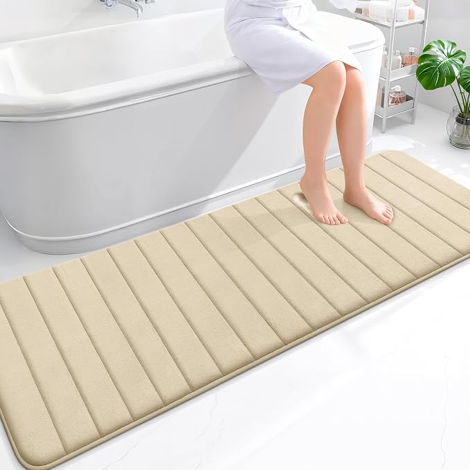 OLANLY Memory Foam Long Bathroom Rugs Runner 70x24, Super Soft Absorbent Bath Mat, Quick Dry, Machine Washable Shower Floor Rugs, Bathmat Carpet, Bathroom Home Decor Accessories, Beige