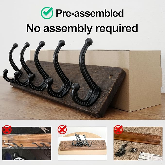 WEBI Rustic Coat Rack Wall Mount,5 Cast Iron Coat Hooks Wall Mounted,Heavy Duty Wood Wall Coat Hanger Hooks for Hanging Coats,Jacket,Clothes,Backpack,Farmhouse,Weathered Brown,2 Packs