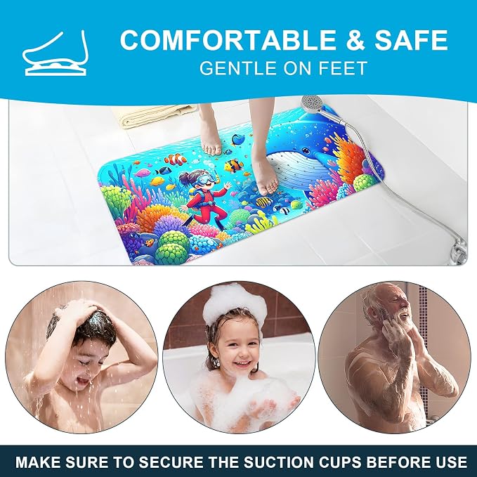 XIYUNTE Baby Bath Mat for Tub Non Slip Kids Bath Mat - 40''x16'' Extra Long Cartoon Bathtub Mat Non Slip Kids Shower Mat Eco-Friendly Toddler Bath Mats with Suction Cups, Machine Washable