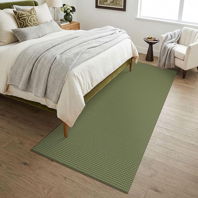 KOZYFLY Woven 3x7 Washable Kitchen Runner Rug, Non Slip Wide Runners for Hallway, Cotton Entryway Runner, Braided Floor Carpet for Entry, Kitchen, Bedside, Hall, Olive Green/Earthy Green