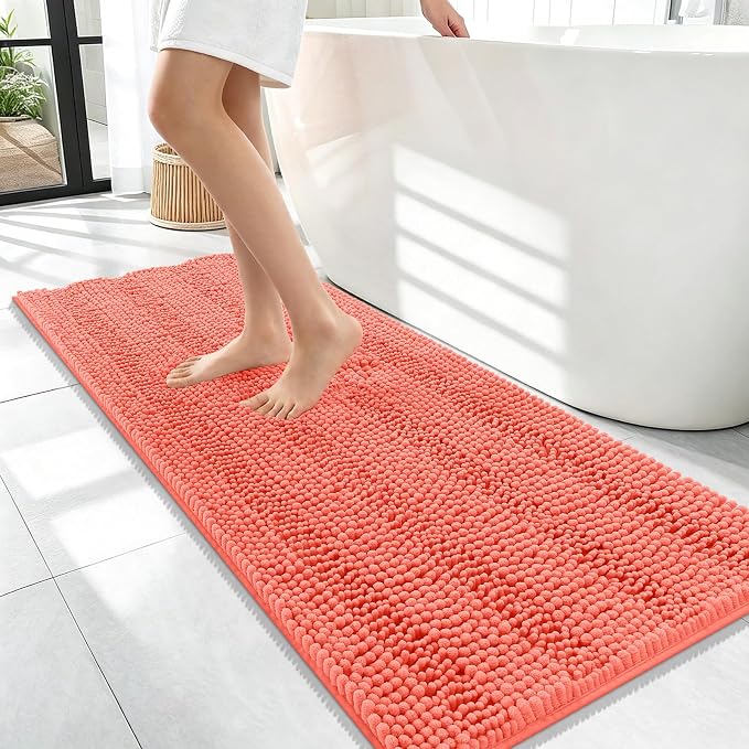 OLANLY Thick Bathroom Runner Rugs 47x17, Extra Absorbent Chenille Striped Bath Rugs, Rubber Backing, Machine Wash Dry, Long Bath Mats for Bathroom Floor, Tub and Shower, Home Decor Accessories, Coral