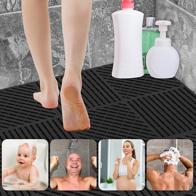 ToLanbbt Modular Interlocking Cushion 12P 11.8" x 11.8" Interlocking Rubber Floor Drain Holes Non-Slip Splicing Drainage Mats for Deck, Shower, Kitchen, Drain Pool, Sauna Bath (Black, 2 Rows Dots)