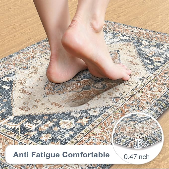 KIMODE Anti Fatigue Kitchen Mats for Floor,17.3" x 29" Cushioned Boho Vintage Kitchen Rugs,Non-Slip Waterproof Kitchen Sink Standing Mat Wipe Clean for Kitchen,Laundry Floor,Mutil-Blue