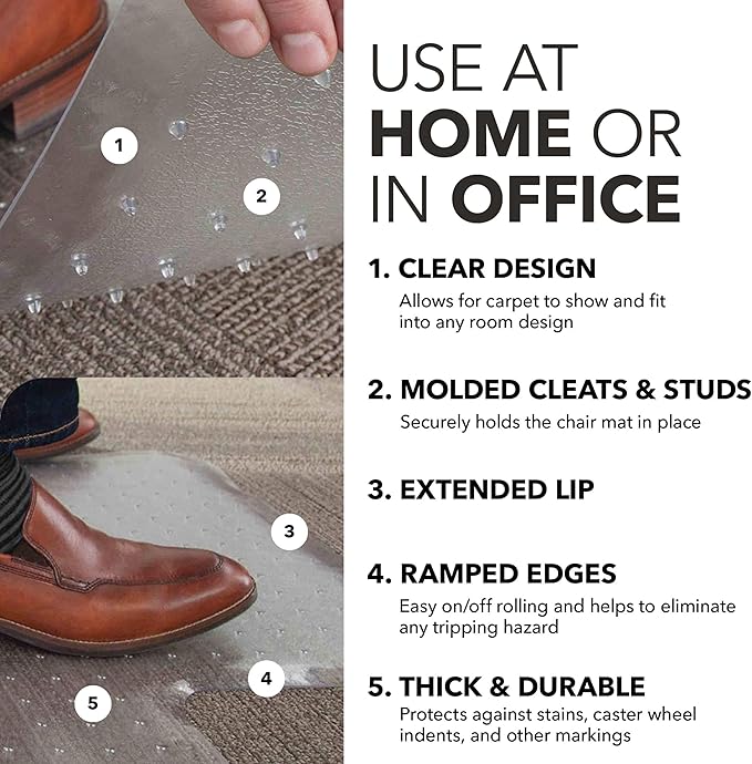 HON Office Chair Mat for Carpet, Clear Desk Mat with Extended Lip for Rolling Computer Chairs, Heavy Duty Vinyl Floor Protector for Low Pile Carpet, 36 x 48 in, Clear