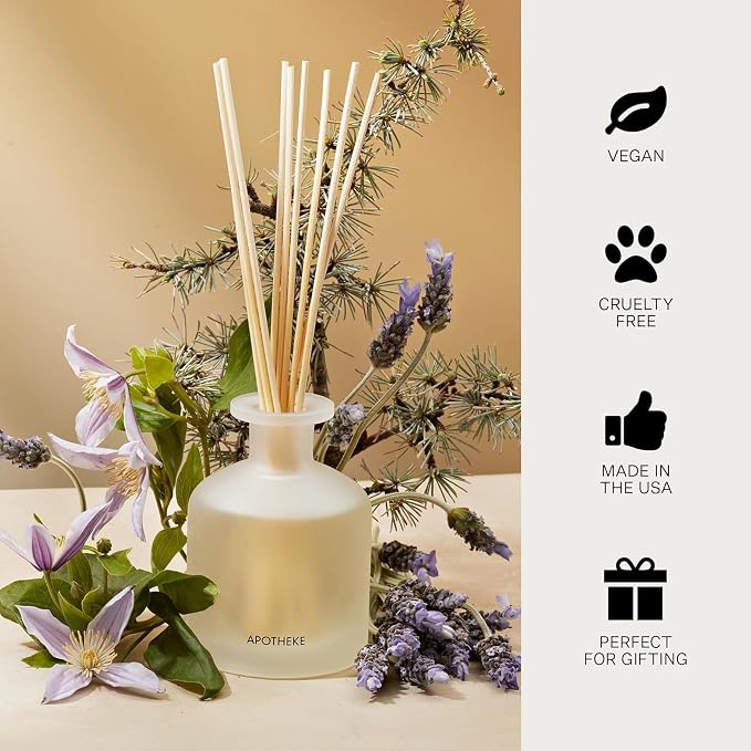 Apotheke Luxury Scented Reed Diffuser for Home, Hinoki Lavender - 6.7 Fl Oz Essential Oil Aromatherapy - 10 Rattan Scent Sticks Room Diffuser - Long-Lasting Fragrance for Bedroom, Home, Bathroom