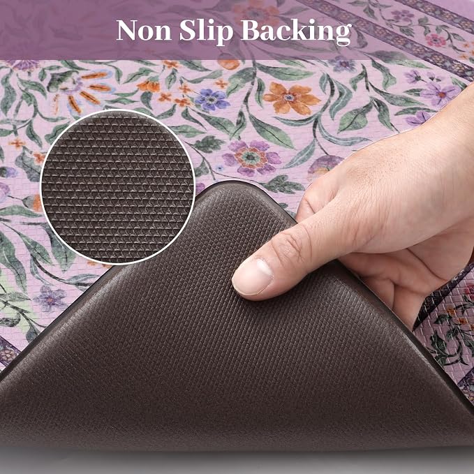 KIMODE Anti Fatigue Kitchen Mats 20"x47"+20"x32", Boho Flora Kitchen Rugs Sets of 2, Cushioned Non Skid Kitchen Mats for Floor, Comfort Kitchen Floor Mats for Sink Laundry Desk Purple