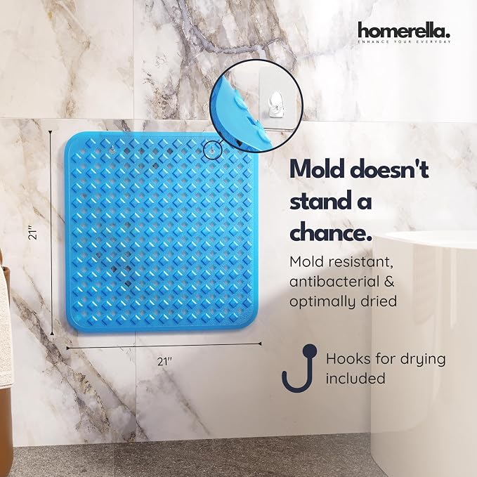 homerella® Shower Mat Non Slip Anti Mold, Non Slip Shower Mats for Inside Shower Stall Anti Slip Mat, Square Shower Floor Mat 21 x 21 in with Suction Cups & Hooks for Quick Drying, Machine Washable