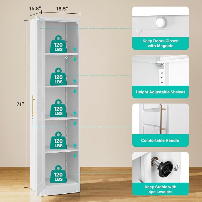 SISESOL 71" Tall Narrow Storage Cabinet with 1 Door and 5 Shelves,Slim Kitchen Pantry Cabinet,White Metal Bathroom Cabinets,Large Cupboard for Home,Kitchen,Laundry,Bathroom