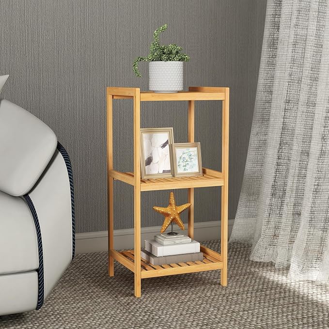 kinbor 3-Tier Bamboo Shelf Freestanding - Space-Saving Bathroom Standing Shelf & Plant Stand, 3 Shelf Bookcase for Kitchen, Living Room, Office (Natural Bamboo, Easy Assembly)
