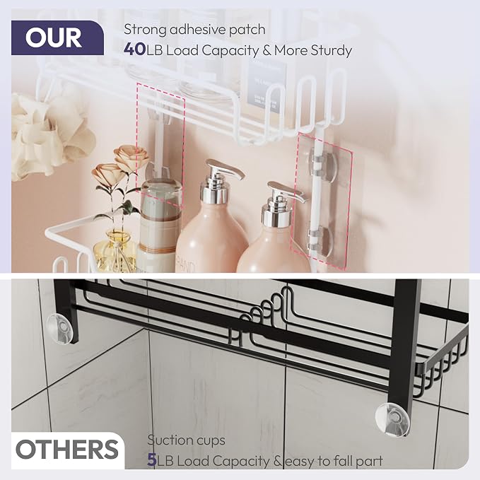 SWTYMIKI Bathroom Shower Caddy Hanging - 3 Tier Rustproof Over Shower Head Organizer, No Drilling Bathroom Shelf with 16 Hooks & Soap Holder, Anti-Swing Rack for Shampoo,Sponge,Towel, White, Medium