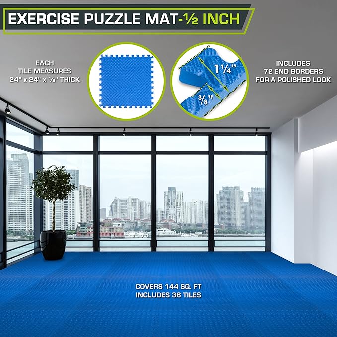 ProsourceFit Exercise Puzzle Mat ½-inch, EVA Interlocking Foam Floor Tiles for Home Gym, Workout Equipment, Kids Play Areas, Blue, 144 SQ FT - 36 Tiles