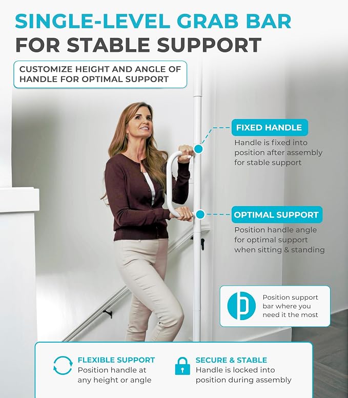 Stander Single Handle Non-Rotating Floor to Ceiling Grab Bar, No-Drill Tension Mounted Transfer Pole for Seniors, Bath Safety & Bedside Assist Rail for Home Standing Support & Fall Prevention, White
