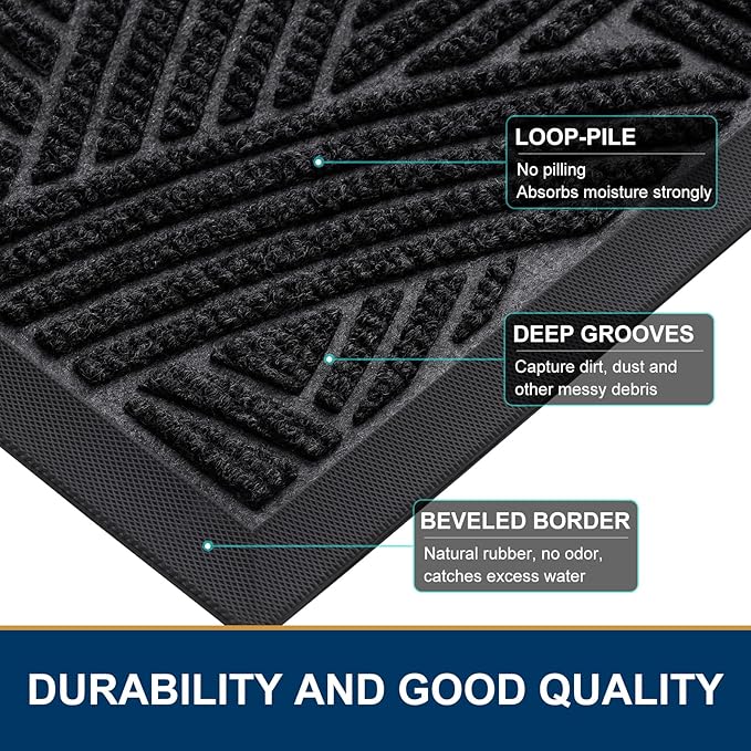 Smiry Front Door Mat Outside Entrance, Heavy Duty Sturdy Natural Rubber Doormat, Trap Dirt and Moisture, Easy Clean Low Profile Mats for Indoor Outdoor Entry, Interwoven Stripes 35x23, Black
