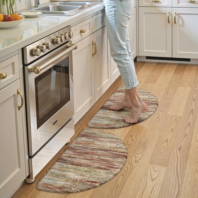 KIMODE Kitchen Mats Cushioned Anti Fatigue, Half Moon Abstract Kitchen Rugs Sets of 2, Farmhouse Padded Kitchen Floor Mats Non Slip, Ergonomic Standing Desk Mats for Sink Laundry Office Brown 18"x28"