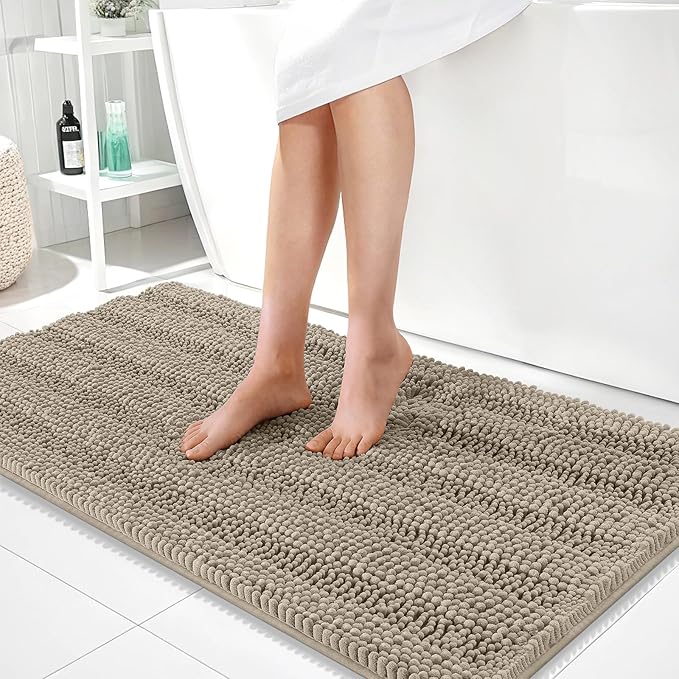 OLANLY Thick Bathroom Runner Rugs 44x24, Extra Absorbent Chenille Striped Bath Rugs, Rubber Backing, Machine Wash Dry, Long Bath Mats for Bathroom, Tub and Shower, Home Decor Accessories, Warm Taupe