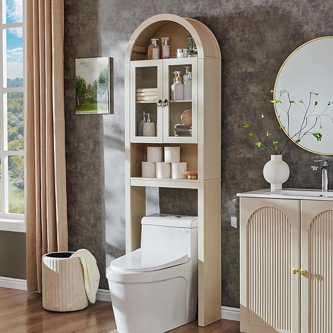 IFGET Arched Over The Toilet Storage Cabinet with Acrylic Doors, Modern Over Toilet Bathroom Organizer Shelf, Small Wooden Bathroom Storage Cabinet with Adjustable Shelf, Space Saver, Cream