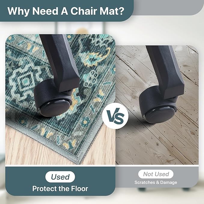 48"x60" Office Chair Mat for Hardwood Tile Floor, Under Desk Carpet Protector for Rolling Computer Chair Mat, Machine Washable Area Rug, Anti-Slip 1/5" Thick Low Pile Thin Vinyl Floor Mat, Turquoise