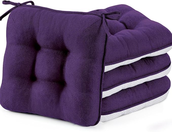 BETU Chair Cushions for Dining Chairs Set of 4,3.5" Thick Kitchen Table Chair Pads with Ties,Non Slip Backing and Covers, Seat Cushion for Dining Room,Bar,Patio Chairs,15.5"X15.5"X3.5",Dark Purple