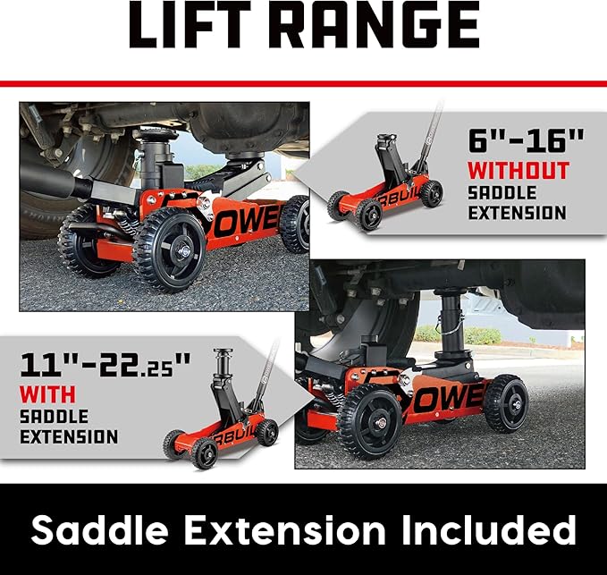 Powerbuilt 1.5 Ton Big Wheel Off Road Jack, Vehicle Lift for Trucks, SUVs, ATVs Offroad Vehicles, Oversized Wheels for Rugged Terrain, 3000 LB Capacity, Orange 620704ECE