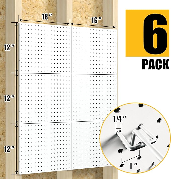 Spampur Peg Board, 6 Pack Metal Pegboard Panels White Pegboards Wall Organizer with 50 Hooks, Heavy Duty Peg Board for Walls Home, Garage Tool Storage, Office Organization, Craft Room, Kitchen