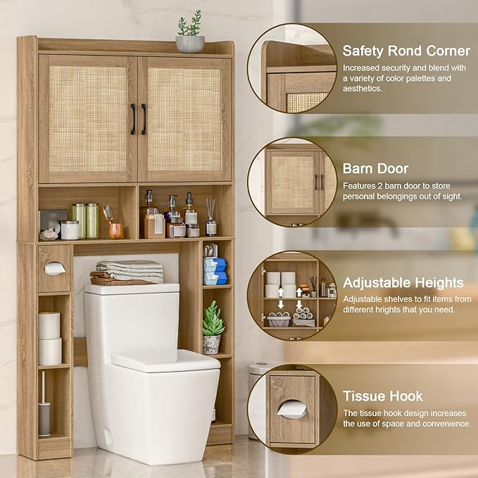 Over The Toilet Storage Cabinet, Farmhouse Toilet Cabinet Rack with Barn Doors, Space Saving Bathroom Organizer with Shelves,Toilet Paper Holder and Towel Rack for Bathroom,Restroom,Laundry,Rattan Oak