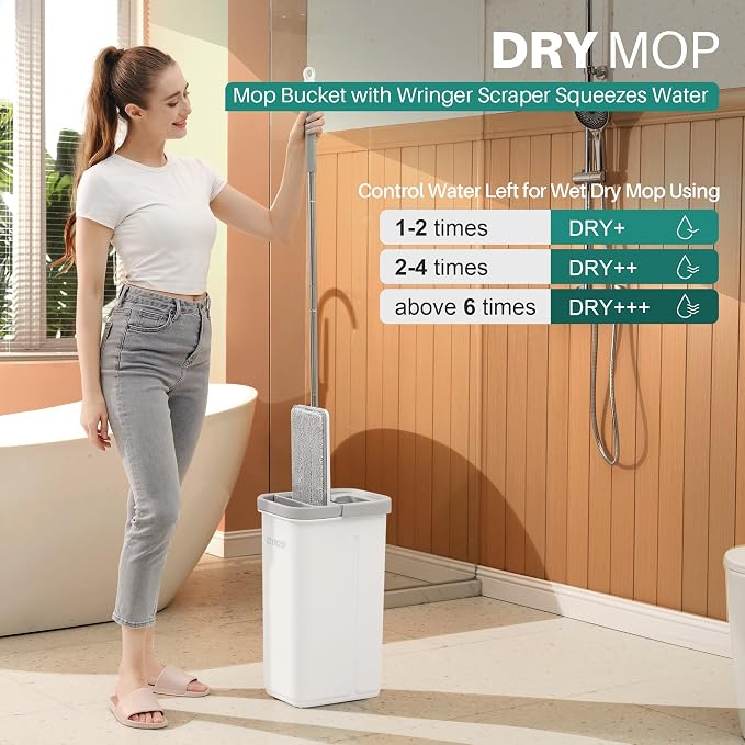 JOYMOOP Bathroom Cleaning Set, Mop and Bucket System with Toilet Brush Set, White, Microfiber Flat Mop for Household & Commercial Floor and Bathroom Cleaning