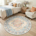 RELEANY Area Rugs Round 4ft Washable Non-Slip, Floral Vintage Distress Medallion Carpet for Living Room Bedroom Dining Room, Blue Orange Red