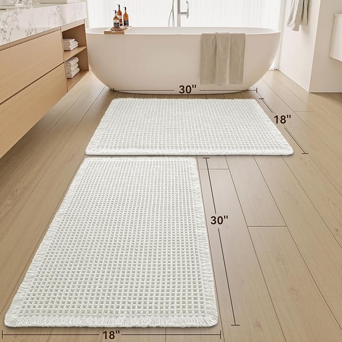 Upgraded Waffle Bath Mats Set of 2, Super Absorbent Non Slip Bath Mats for Bathroom Floor, Washable Boho Bathroom Rugs Set 2 Piece with Tassels, Soft Bathroom Mat Set, 18" x 30" (2 Pack), White