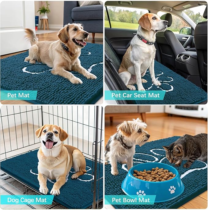 OLANLY Dog Door Mat for Muddy Paws 45x27, Paw Print Design, Absorbs Moisture and Dirt, Absorbent Non-Slip Washable Doormat, Quick Dry Chenille Mud Mat, Entry Indoor Entryway Carpet, Atlantic Blue