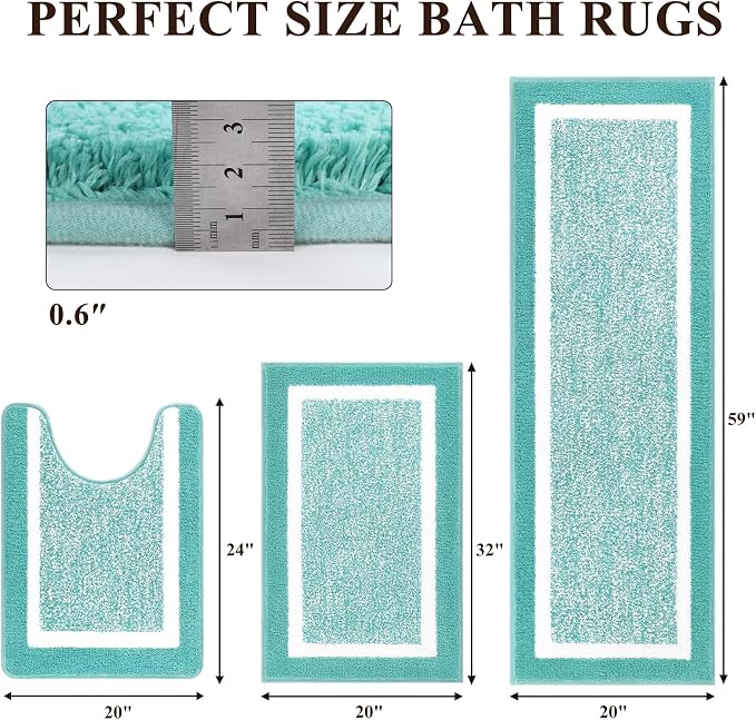 Pauwer 3-Piece Bathroom Shower Rug Set with U-Shaped Toilet Mat, Absorbent Microfiber Plush Bath Rugs with Non-Slip Back, Machine Washable Shaggy Bathroom Floor Mats, Teal