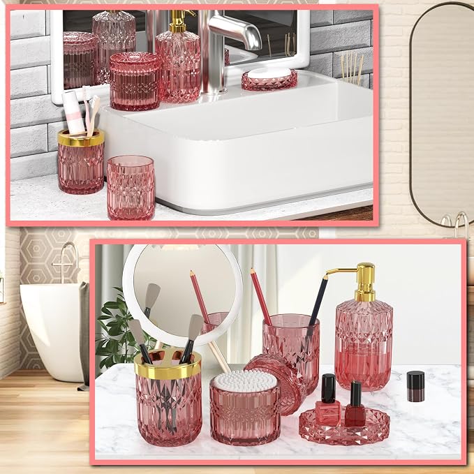 New Pink Glass Bathroom Accessories Set 5 Pcs, Pink Bathroom Set, Soap Dispenser and Toothbrush Holder Set, Qtip Holder Set, Vintage Bathroom Sink Set, Cute Bathroom Decor