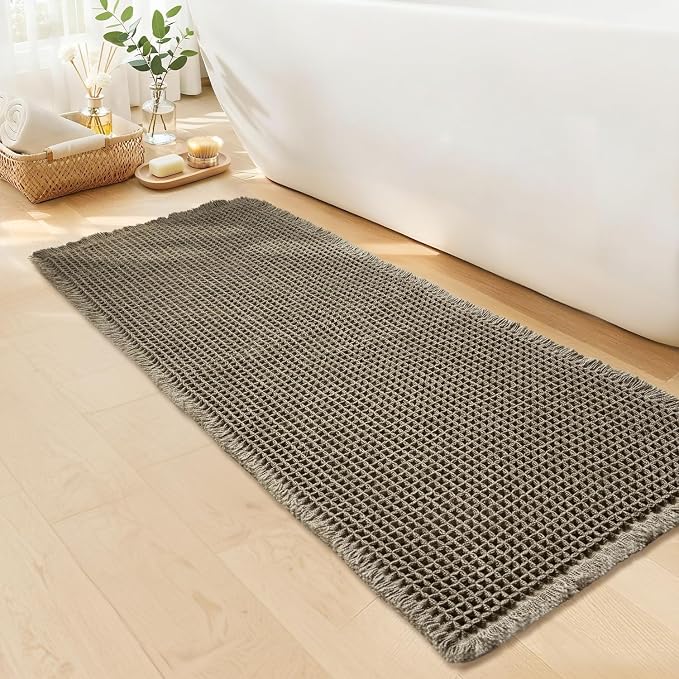 Waffle Bath Mat - Boho Bathroom Rugs Non Slip Washable, Super Absorbent & Quick Dry, Soft Bath Mat Farmhouse Bathroom Decor, 20'' x 48'', Olive Green