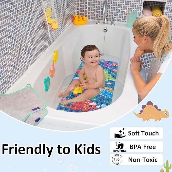 Topotdor Baby Bath Mat, Cartoon Bath Mat for Tub Non Slip Kids, 40x16 Inch Extra Long Toddler Bathtub Mat with Drain Holes & Suction Cups, Machine Washable Anti-Slip Shower Mat, Dinosaur