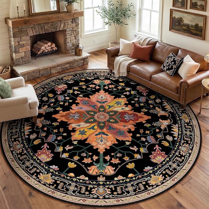 RELEANY Area Rugs Round 8ft Washable Non-Slip, Floral Vintage Distress Medallion Carpet for Living Room Bedroom Dining Room, Black Colorful Floral Dark Tan