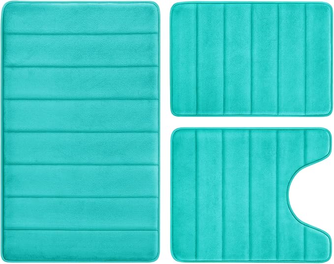 BYSURE Light Teal Memory Foam Bathroom Rug Set 3 Piece, Non Slip Extra Soft Absorbent Machine Washable Toilet Bath Toilet Mat (17"x24"+20"x32"+U Shape 20"x24")