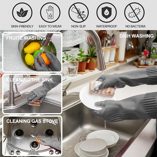 DABOGOSA Mamison 2 Pairs Reusable Waterproof Household Dishwashing Cleaning Rubber Gloves, Non-Slip Kitchen Glove (Grey, Large (Pack of 3))