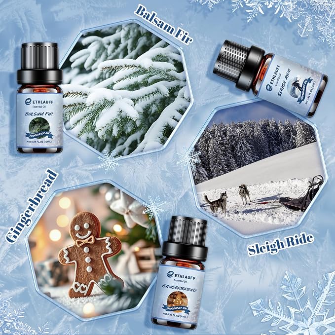 Essential Oils Winter Set,Premium Fragrance Essential Oils Gift Set for Diffuser, Soap & Candle Making Scents - Gingerbread,Warm Woollen Blanket, Balsam Fir, Snow Walk, Sleigh Ride