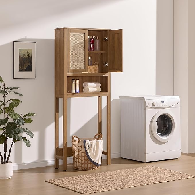 SICOTAS Over The Toilet Storage Cabinet with Rattan Door, Freestanding Bathroom Organizer with Adjustable Shelf, Space Saver Cabinet for Bathroom, Laundry Room, Restroom