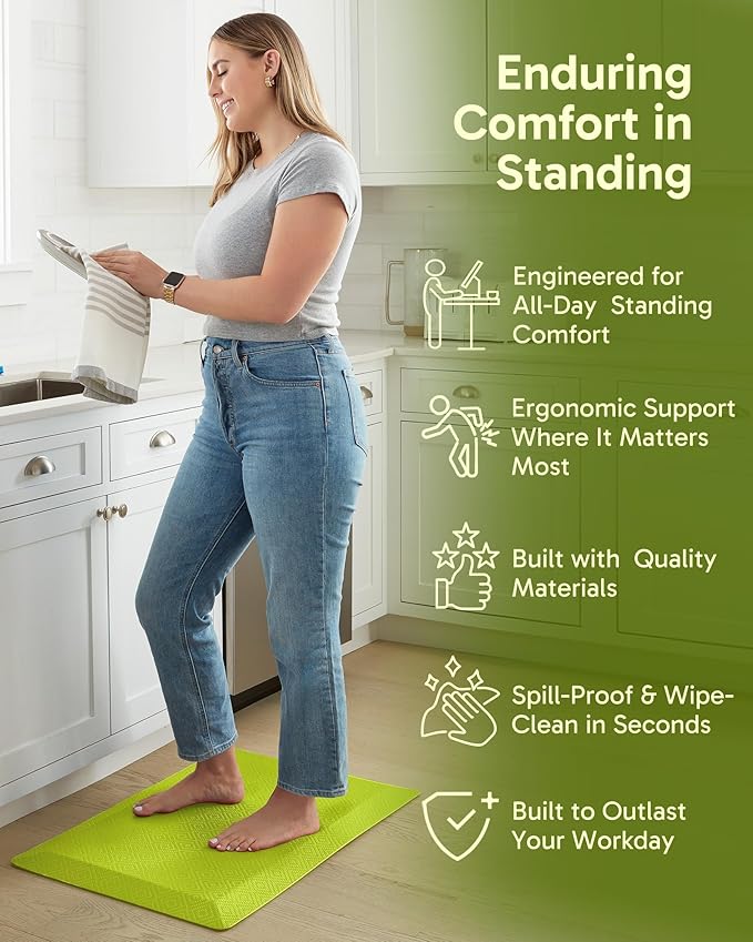 Ophanie Kitchen Mats for Floor, 3/4 Inch Thick Kitchen Rugs, 20''x32'' Anti Fatigue Standing Cushioned Mat, Waterproof,Comfort Ergonomic Mat for Office, Home, Sink, Green Non-Slip Bottom