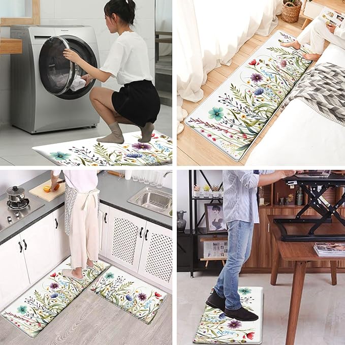 Bulijojo Wildflower Floral Anti Fatigue Kitchen Floor Mats Set of 2 Waterproof Kitchen Sink Runner Rug Standing Mat Cushioned Kitchen Rugs Comfort Doormat 17"x47"+17" x30“
