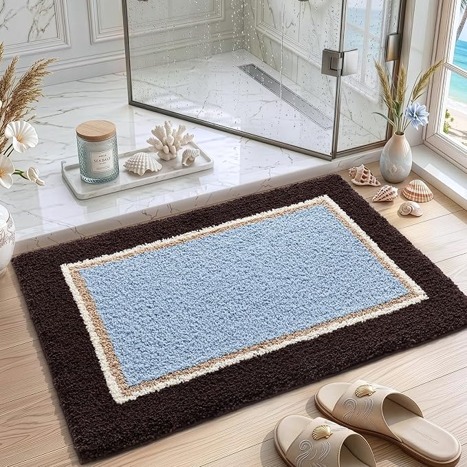 DEXI Bathroom Rugs 32x20, Absorbent Extra Soft Plush Microfiber Bath Mat for Bathroom, Non Slip Washable Bathmat Quick Dry for Shower Floor, Sink, Tub, Laundry Room, Brown and Light Blue