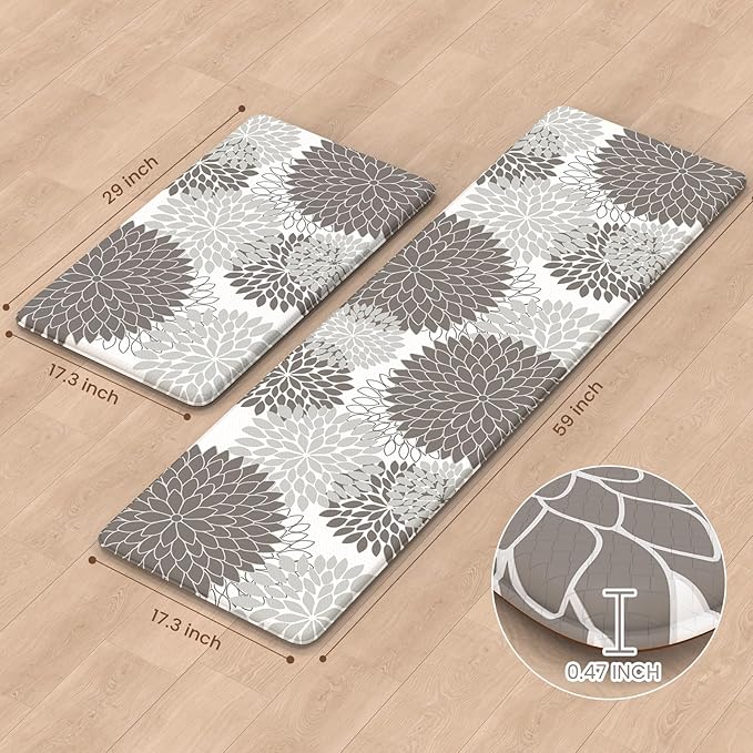 Anti Fatigue Kitchen Mats,Non Slip Boho Dahlia Kitchen Rugs Sets 2 Piece, Waterproof Farmhouse Kitchen Mat for Floor,Cushioned Standing Mat for Office,Laundry,Sink,Desk,Grey