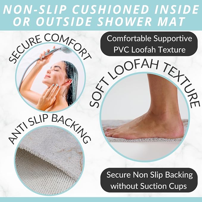 ENKOSI Loofah Non-Slip Shower and Bath Mat - Soft Cushioned Comfort - No Suction Cups for Smooth or Textured Tubs - Fast Draining - Safety for Bathroom, Family and Elderly (24x16 Marble Blue Gold)