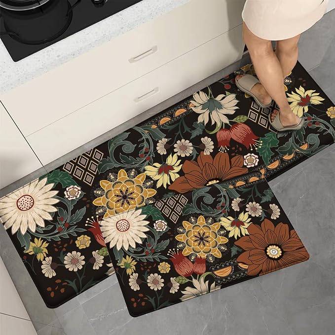 Bulijojo Bohemian Floral Anti Fatigue Kitchen Floor Mats Set of 2 Waterproof Kitchen Sink Runner Rug Standing Mat Cushioned Kitchen Rugs Comfort Doormat 17"x47"+17" x30“